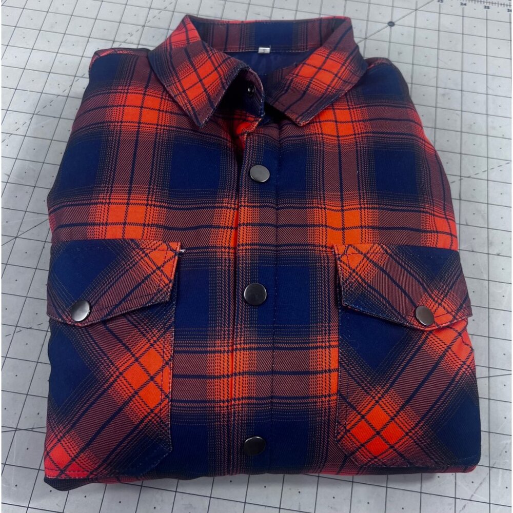 Men's Quilted Flannel Shirt Jacket Plaid Blue & Orange Sz. L Pearl Snap Vintage - Picture 13 of 13